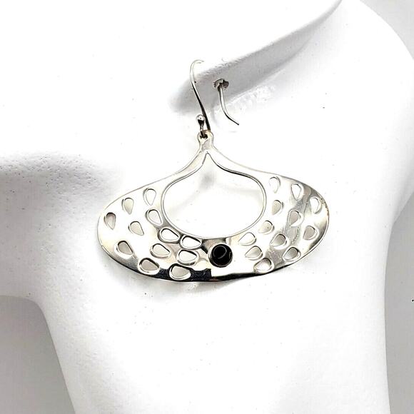 Taxco 925 Sterling Earrings Silver Black Onyx Artisan Drop Chandelier Nouveau - Picture 12 of 12